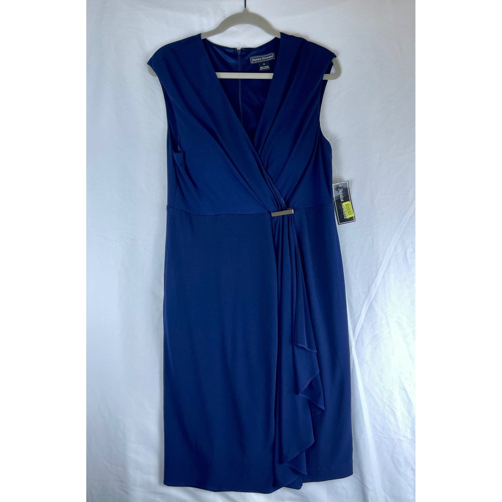 Jessica Howard Navy Blue Surplice V-Neck Sheath Dress Gold Bar Size 14 NEW NWT
